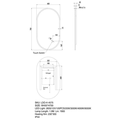 Aqua Perla - LED Mirror 450x750mm