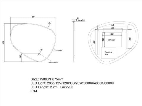 LED Mirror 800 x 675mm dimensions