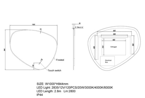 LED Mirror 1000 x 844mm dimensions