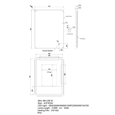 Aqua Perla - Matte Black Framed LED Mirror 810x610mm