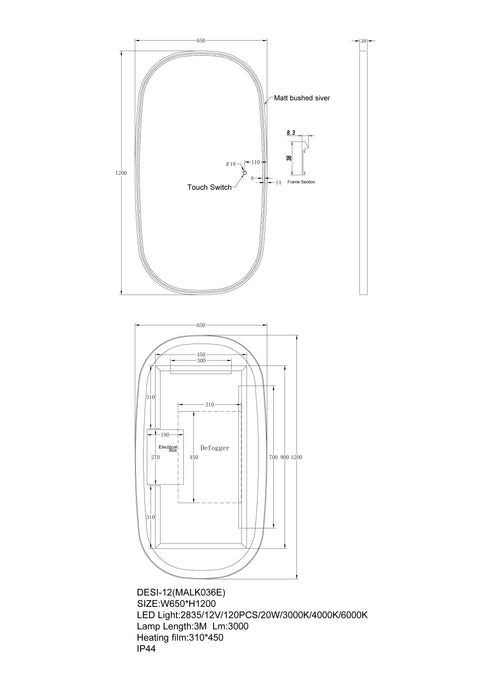 Framed LED Dressing Mirror 1200x650mm dimensions