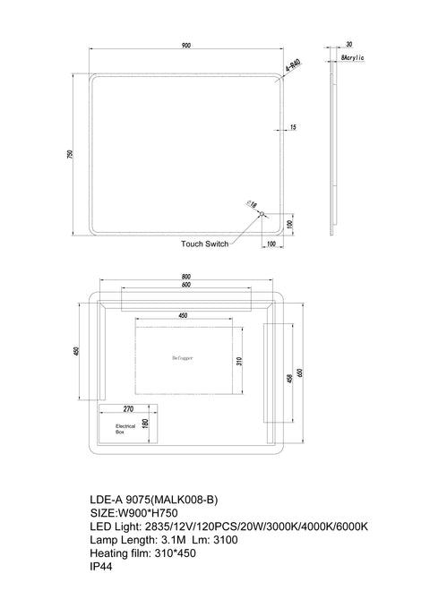 LED Mirror - Curved Edges 900x750mm dimensions