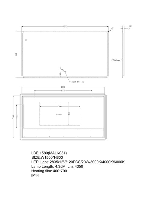 LED Mirror - Backlit 1500x800mm dimensions