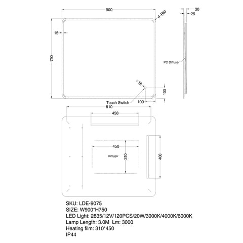 Aqua Perla - LED Mirror - Back Lit 900x750mm