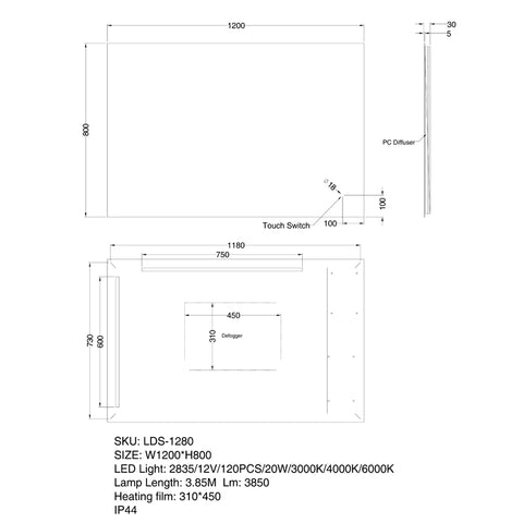 Aqua Perla - LED Mirror Touch Sensor 1200x800mm