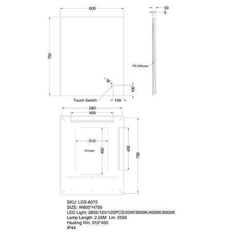 Aqua Perla - LED Mirror - Touch Sensor 600x750mm