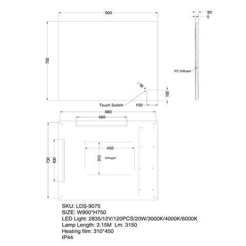 Aqua Perla - LED Mirror - Horizontal or vertical mount 900x750mm