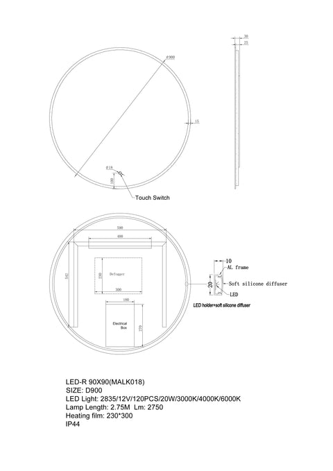 LED Mirror - Back Lit 900mm dimensions