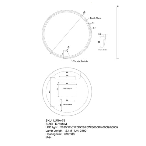 Aqua Perla - LED Dressing Mirror 750x38mm