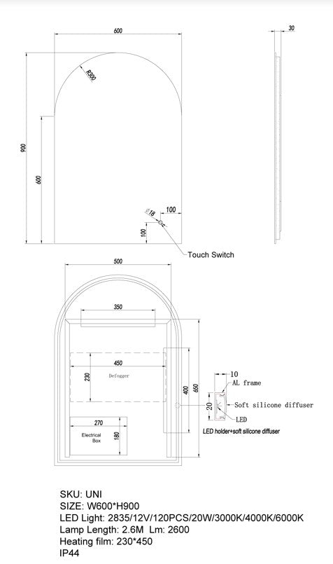 LED Mirror - Frameless 600x900mm dimensions