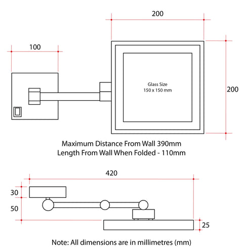 3x Magnification Chrome Wall Mounted Shaving Mirror, 200x200mm with Concealed Wiring