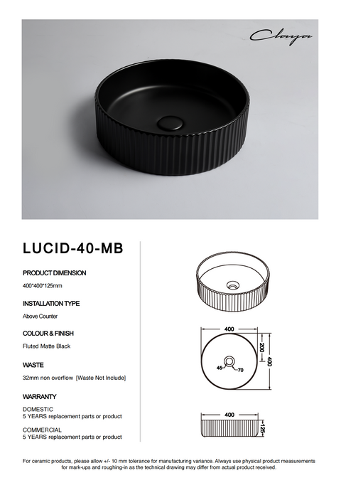 Claya - Lucid 40 Matte Black Round Fluted Basin, 400mm