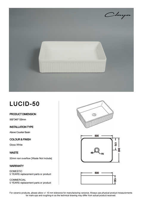 Claya - Lucid 50 Gloss White Fluted Rectangular Basin, 500mm