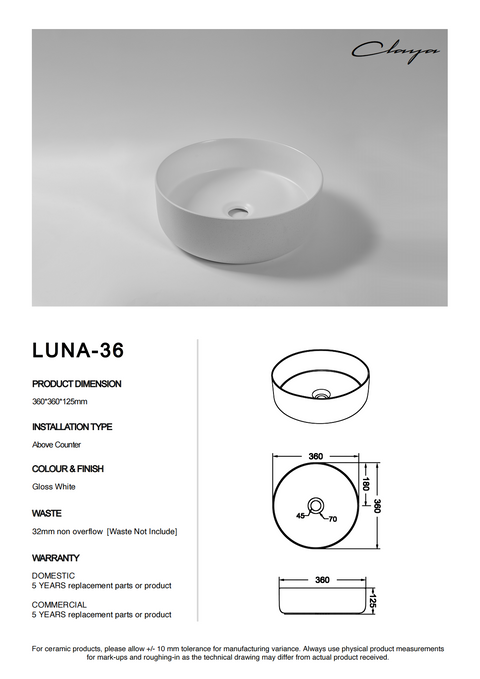 Claya - Luna-36 Round Basin, Gloss White