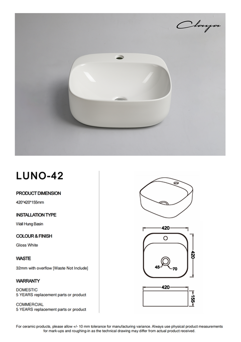 Claya - Luno 42 Wall-Hung Basin, Gloss White, No Overflow