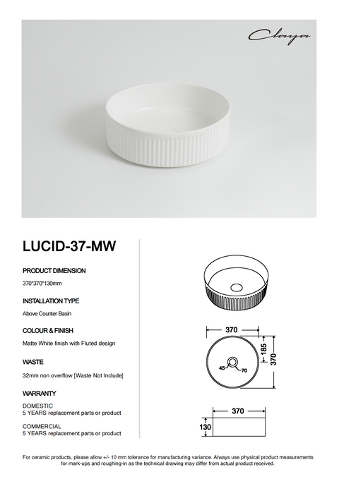 Claya - Lucid 37 Matte White Fluted Round Basin, 370mm
