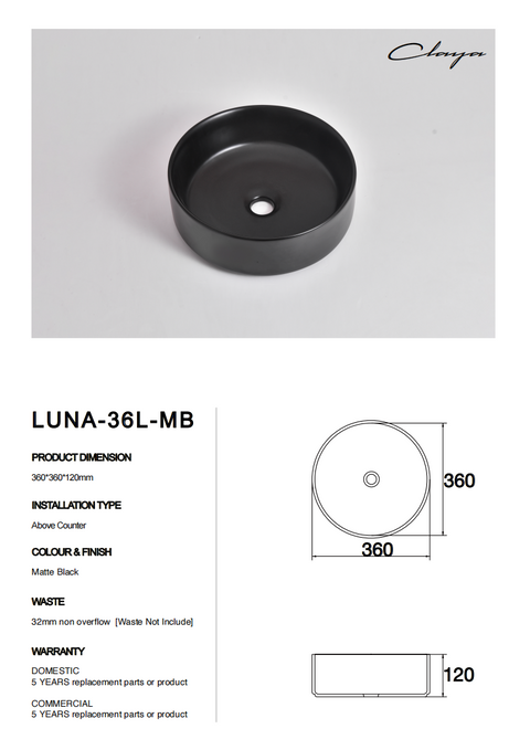 Claya - Luna 36 Matte Black Round Basin, 360mm