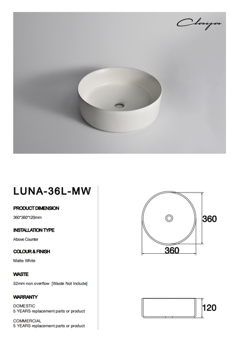 Claya - Luna-36-MW Round Basin, Matte White