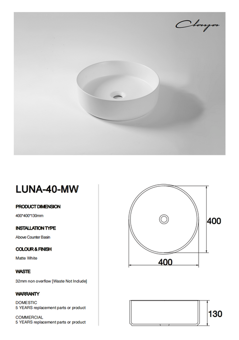 Claya - Luna 40-MW Matte White Round Basin, 405mm