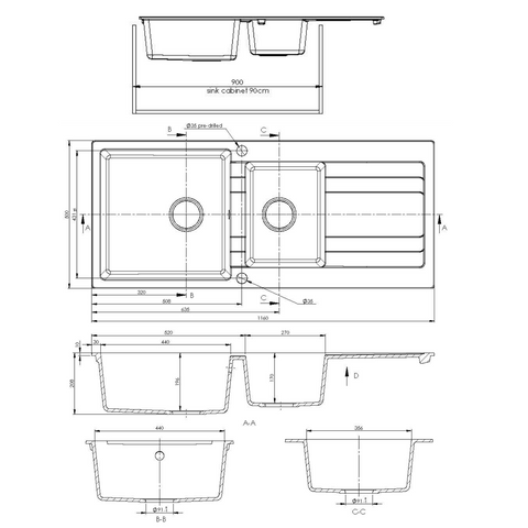 Modern National -Modern National - Ria One & Half Right Hand Bowl Granite Sink with Drainer 30L+18L