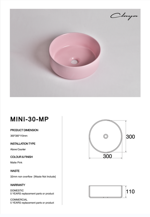 Claya - Mini-30-MP Round Basin, Matte Pink