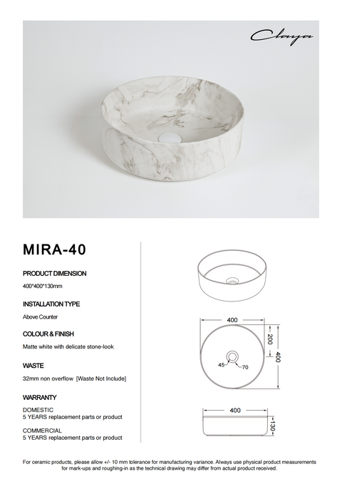 Claya - Mira 40 Matte White Carrara Round Basin, 400mm