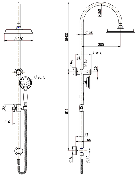 Modern National - Montpellier Traditional Chrome Multifunction Shower Rail 2 in 1