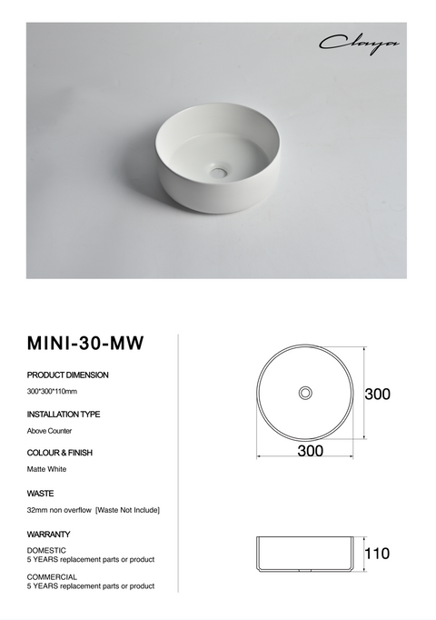 Claya - Mini-30-MW Round Basin, Matte White