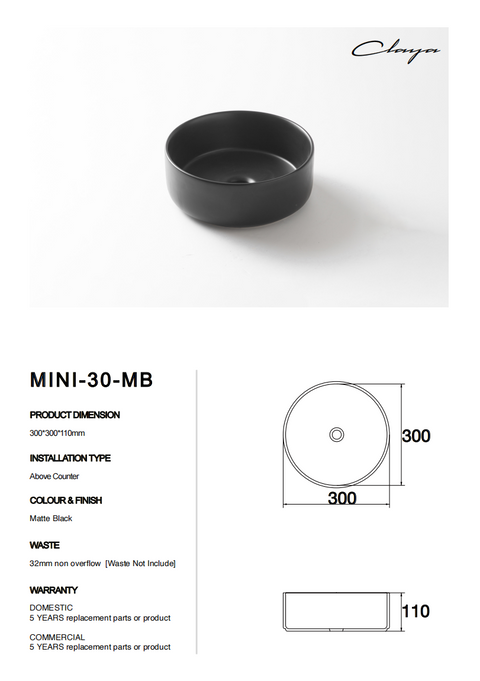 Claya - Mini-30-MB Round Basin, Matte Black