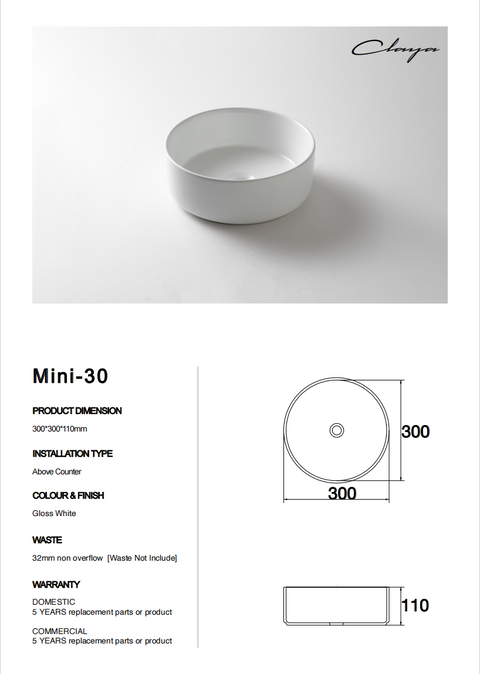 Claya - Mini-30 Round Basin, Gloss White