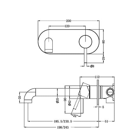 Nero - Zen SS316 Wall Basin/Bath Mixer 185/230mm Spout