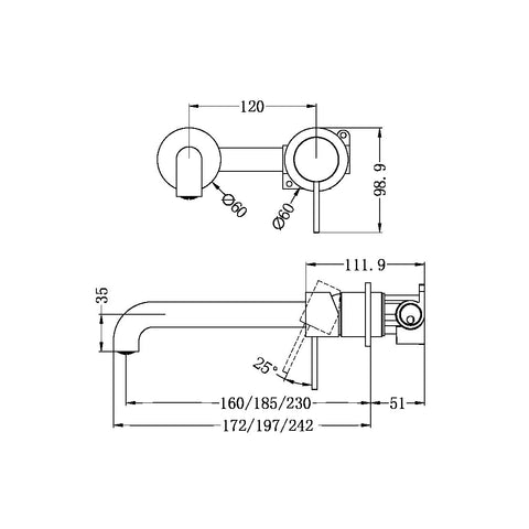 Nero - Mecca Wall Basin/Bath Mixer Separate Back Plate 185mm Spout 3 Finishes