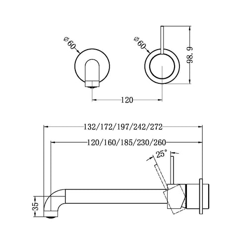 Nero - Mecca Wall Basin/Bath Mixer Separate Back Plate Handle Up 120/160/185/230/260mm