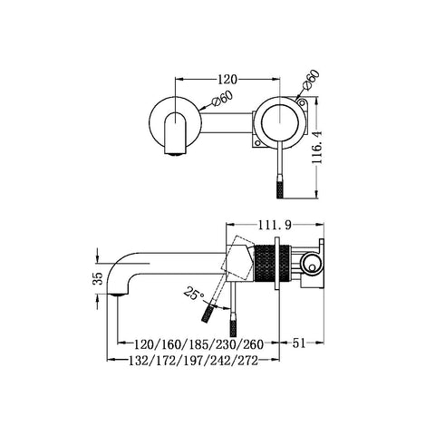 Nero - Opal Wall Basin/Bath Mixer Separate Back Plate 120/160/185/230/260mm