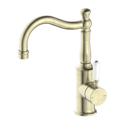 Nero - York Basin Mixer Hook Spout With White Porcelain Lever