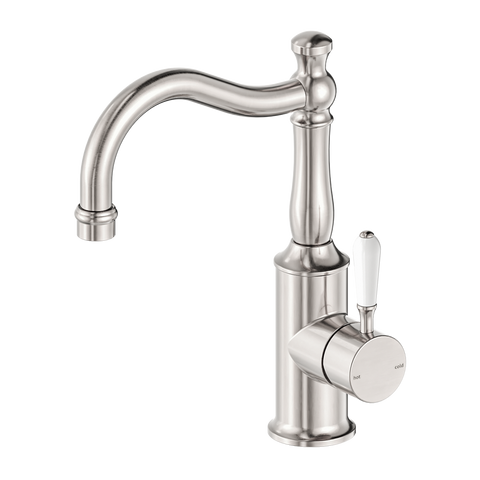 Nero - York Basin Mixer Hook Spout With White Porcelain Lever