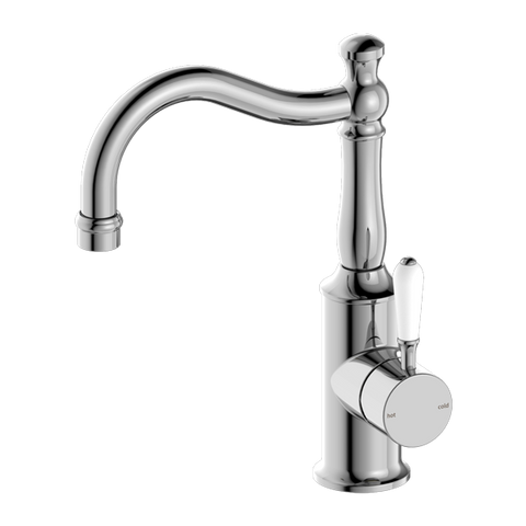 Nero - York Basin Mixer Hook Spout With White Porcelain Lever