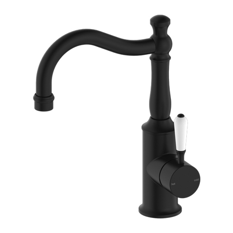 Nero - York Basin Mixer Hook Spout With White Porcelain Lever