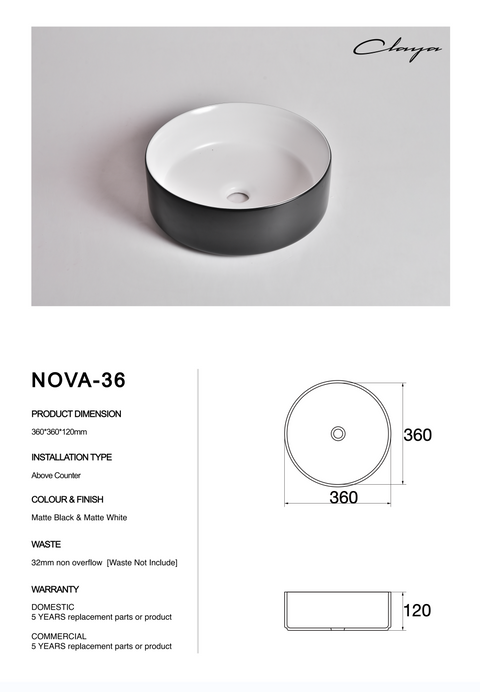 Claya - Nova-36 Round Basin, Matte Black