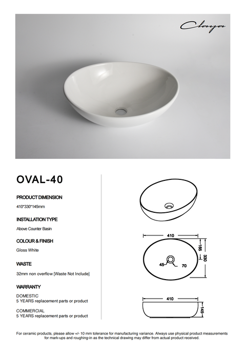 Claya - Oval-40 Oval Basin, Gloss White