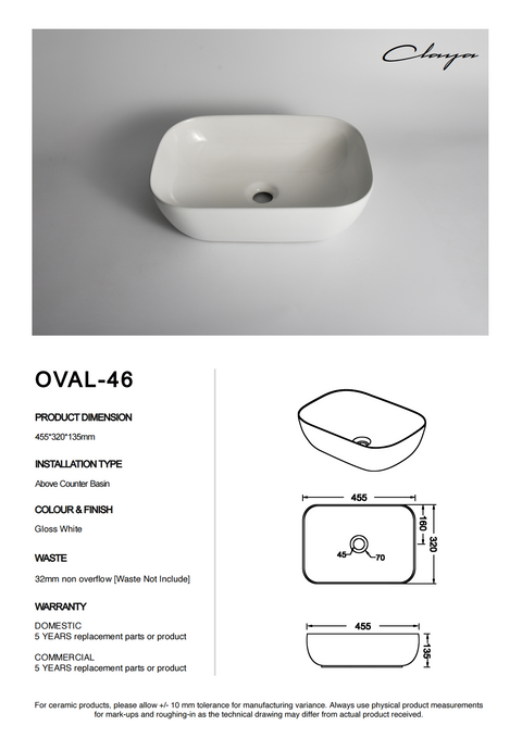 Claya - Oval-46 Oval Basin, Gloss White