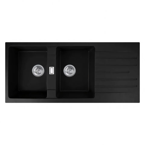 Aqua Perla - Black Granite Double Bowl Kitchen Sink 1160x500x200mm