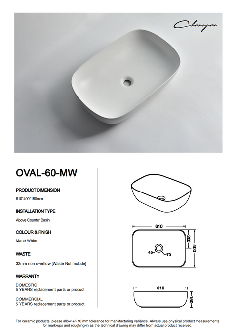 Claya - Oval-60-MW Oval Basin, Matte White