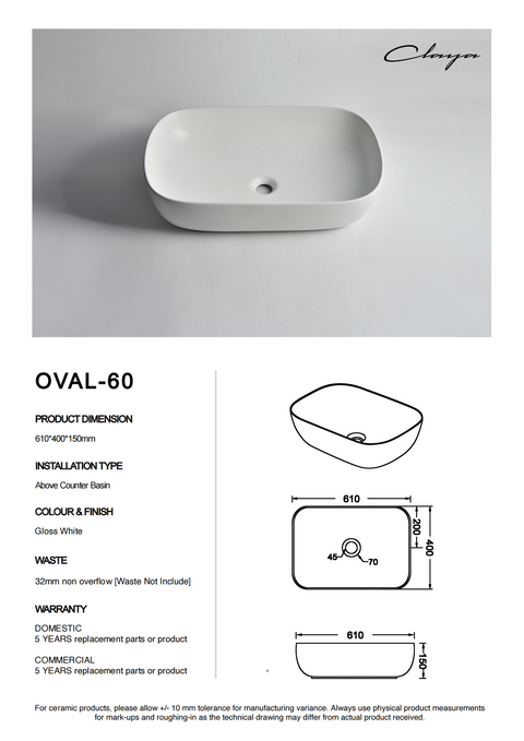 Claya - Oval 60 Gloss White Oval Basin, 610mm