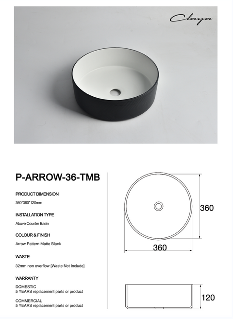 Claya - P-Arrow-36-TMB Above Counter Basin, Matte White