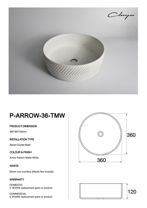 Claya - P-Arrow-36-TMW Round Basin, Matte White