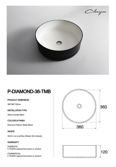 Claya - P-Diamond-36-TMB Round Basin, Matte Black / Matte White