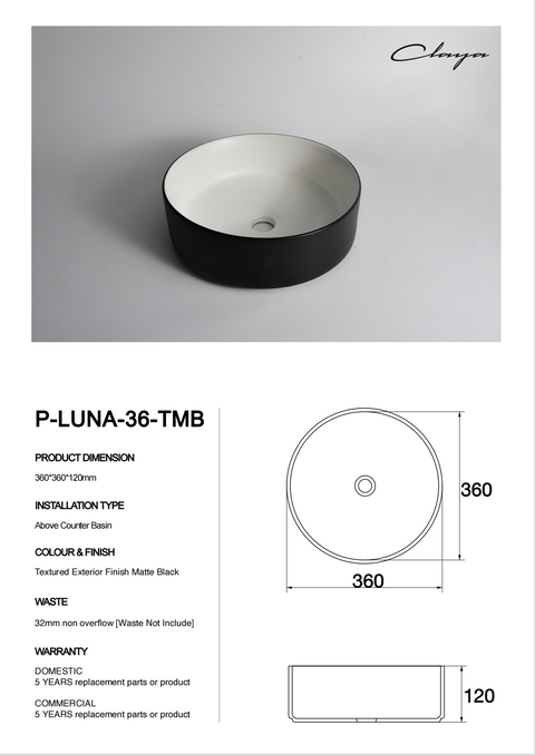 Claya - P-Luna-36-TMB Round Basin, Matte Black / Matte White