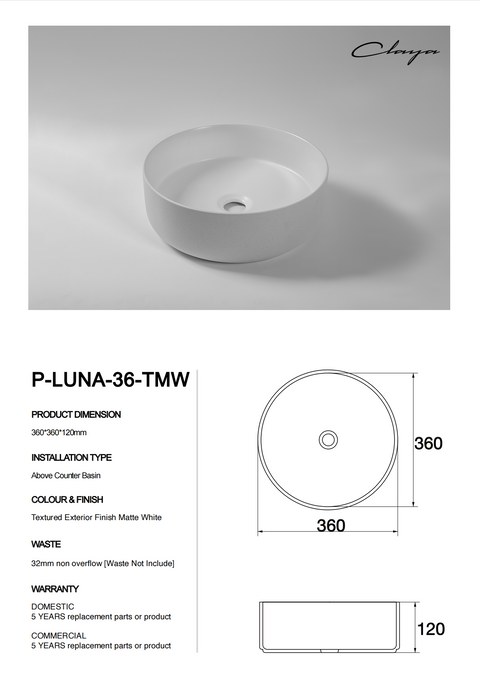 Claya - P-Luna-36-TMW Round Basin, Matte White