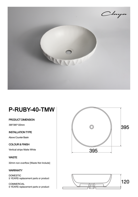 Claya - Polar-40-Ruby Texture Bowl Shaped Basin, Matte White
